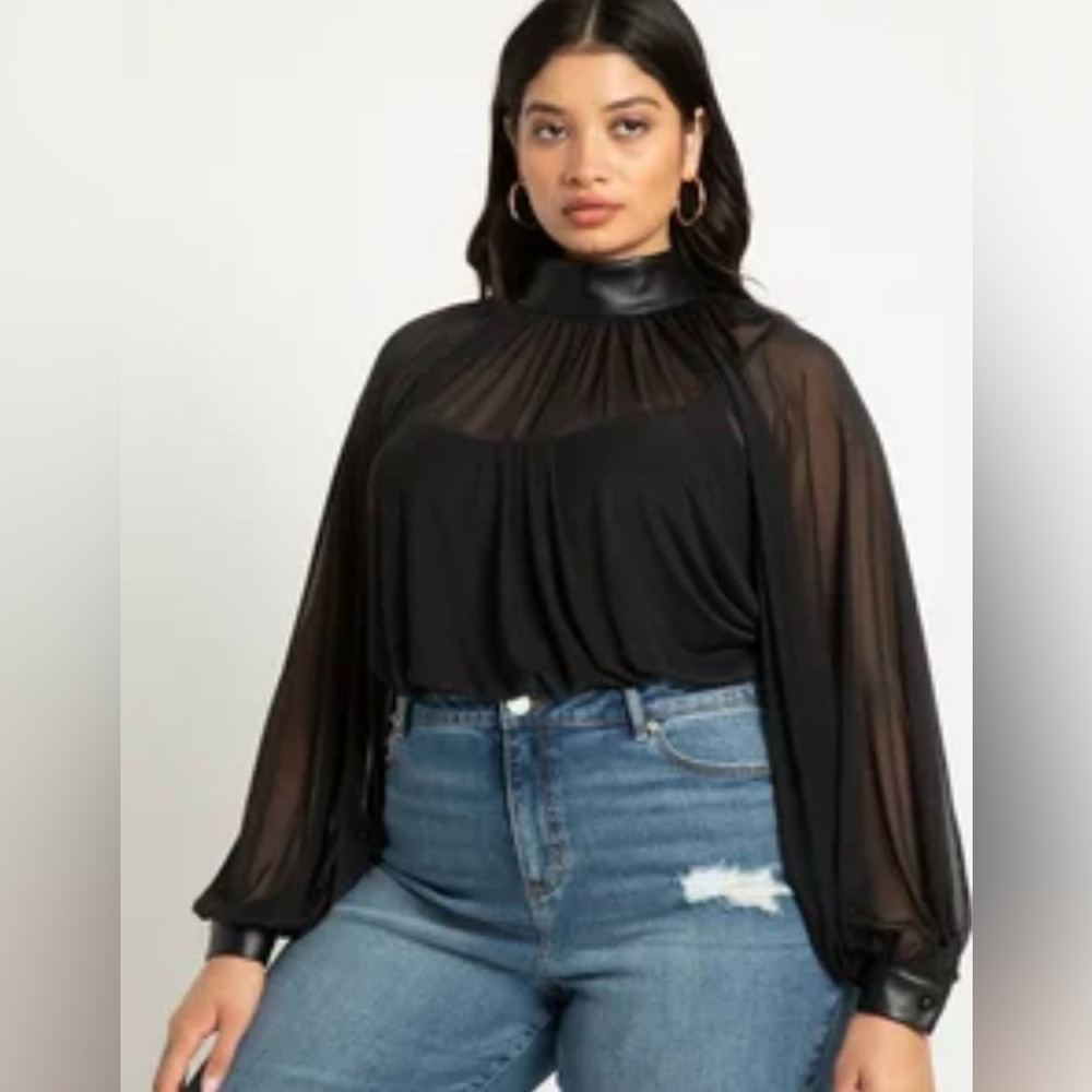 Eloquii Mesh Blouse with Faux Leather Trim